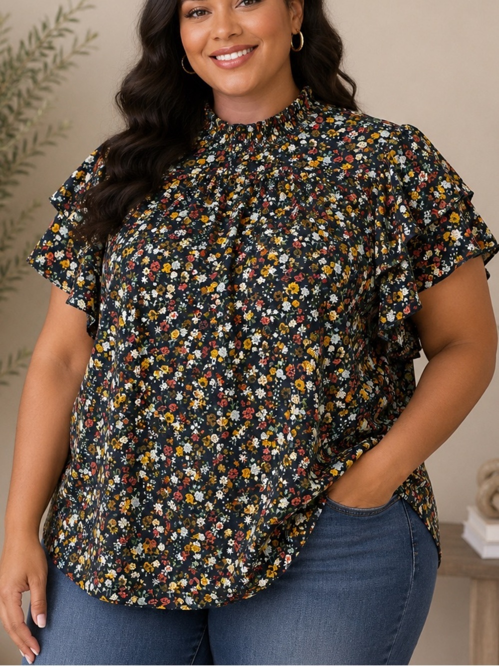 Floral Ruffle Sleeve Blouse - Navy with Yellow & Red Flowers XL